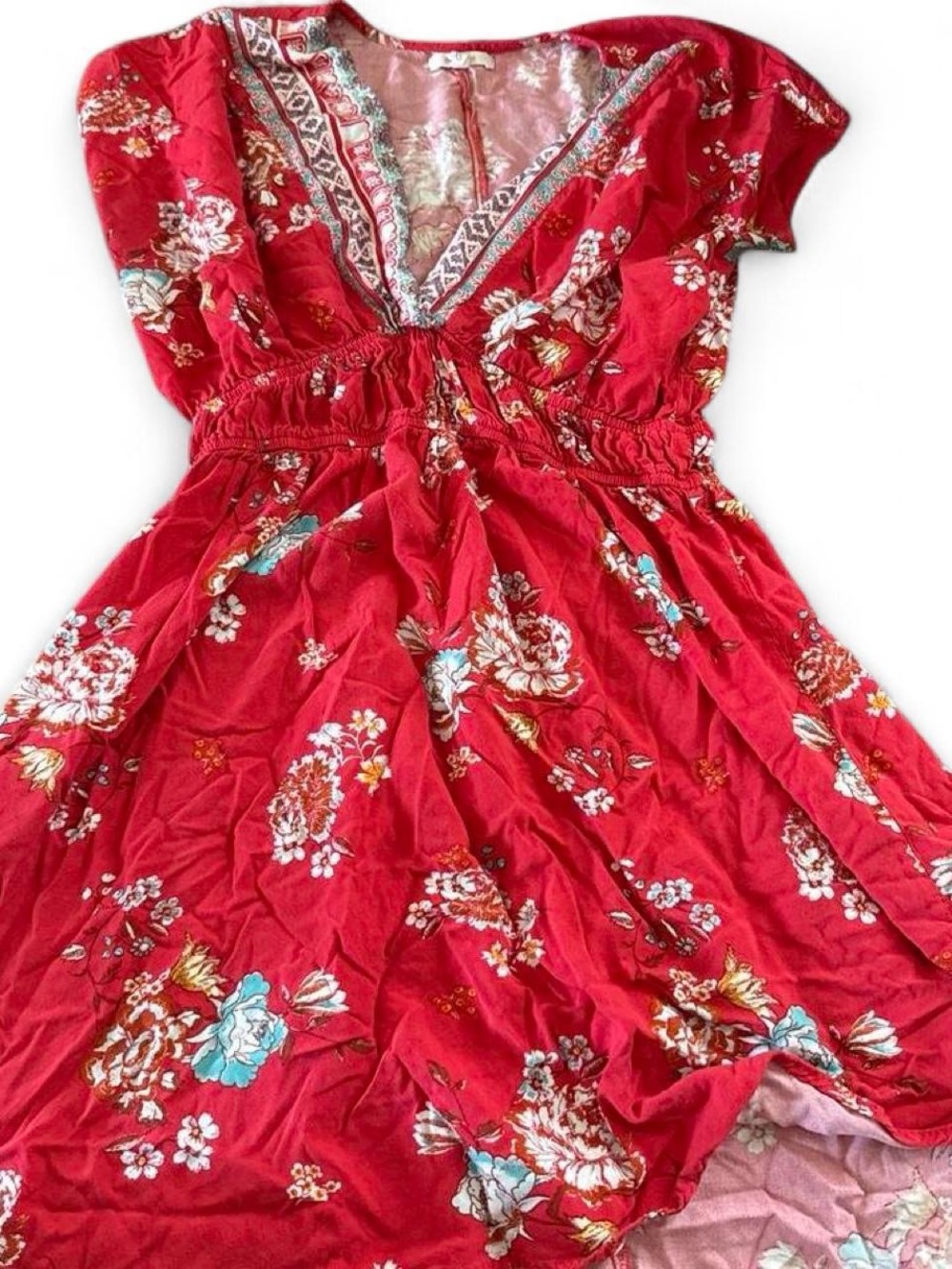 Red Floral Asymmetrical Women's Dress with V-Neck